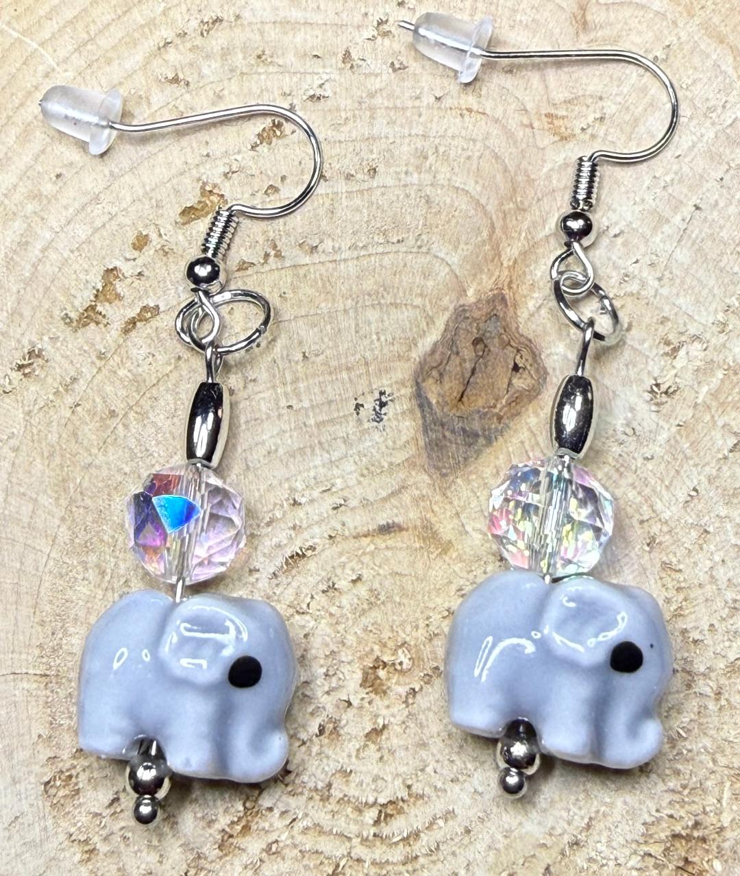 NEW Gray Ceramic Elephant Earrings w/ Iridescent Glass Beads