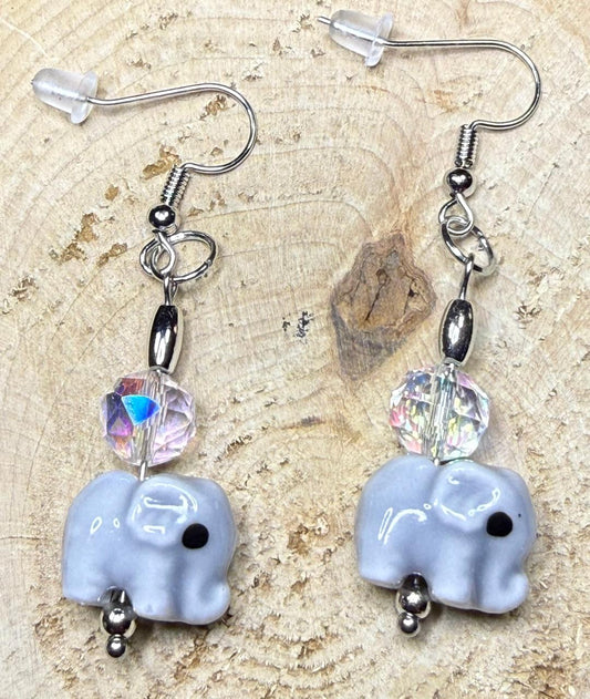 NEW Gray Ceramic Elephant Earrings w/ Iridescent Glass Beads