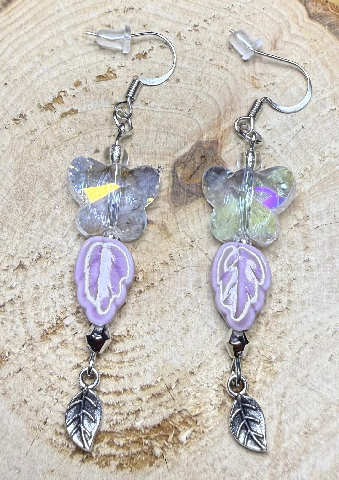NEW Pink Ceramic Leaf Earrings w/ Iridescent Glass Hearts