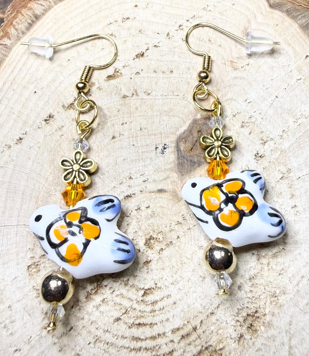 NEW Handpainted Ceramic Bird Boho Earrings w/ Flower & Glass Beads