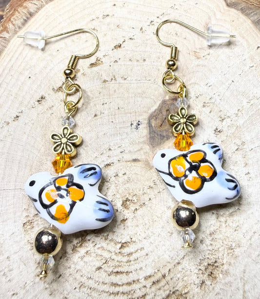 NEW Handpainted Ceramic Bird Boho Earrings w/ Flower & Glass Beads
