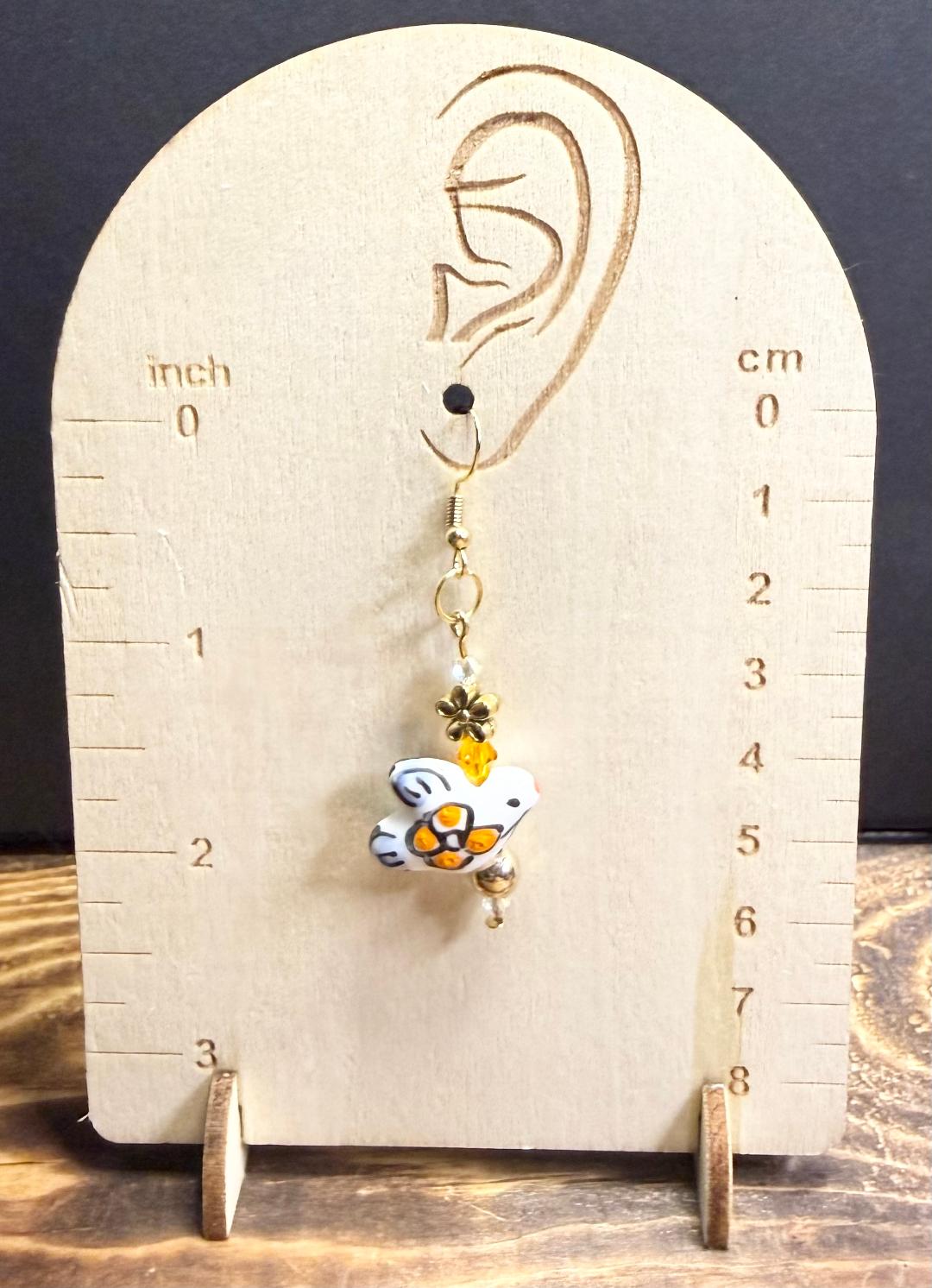 NEW Handpainted Ceramic Bird Boho Earrings w/ Flower & Glass Beads