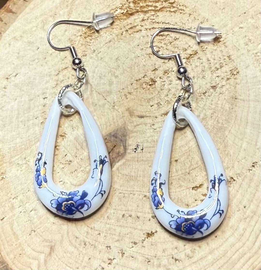 NEW White Teardrop Ceramic Earrings w/ Blue & Gold Floral Accents