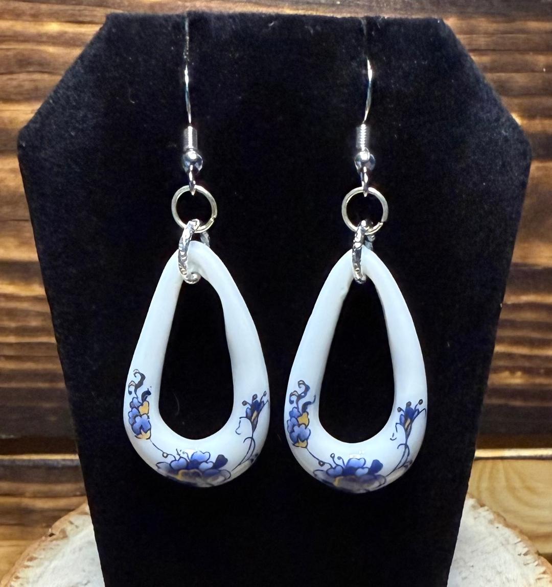 NEW White Teardrop Ceramic Earrings w/ Blue & Gold Floral Accents