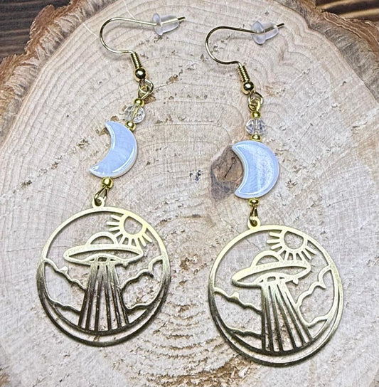 NEW Gold Stainless Steel Spaceship Charm Earrings w/ White Shell Moons