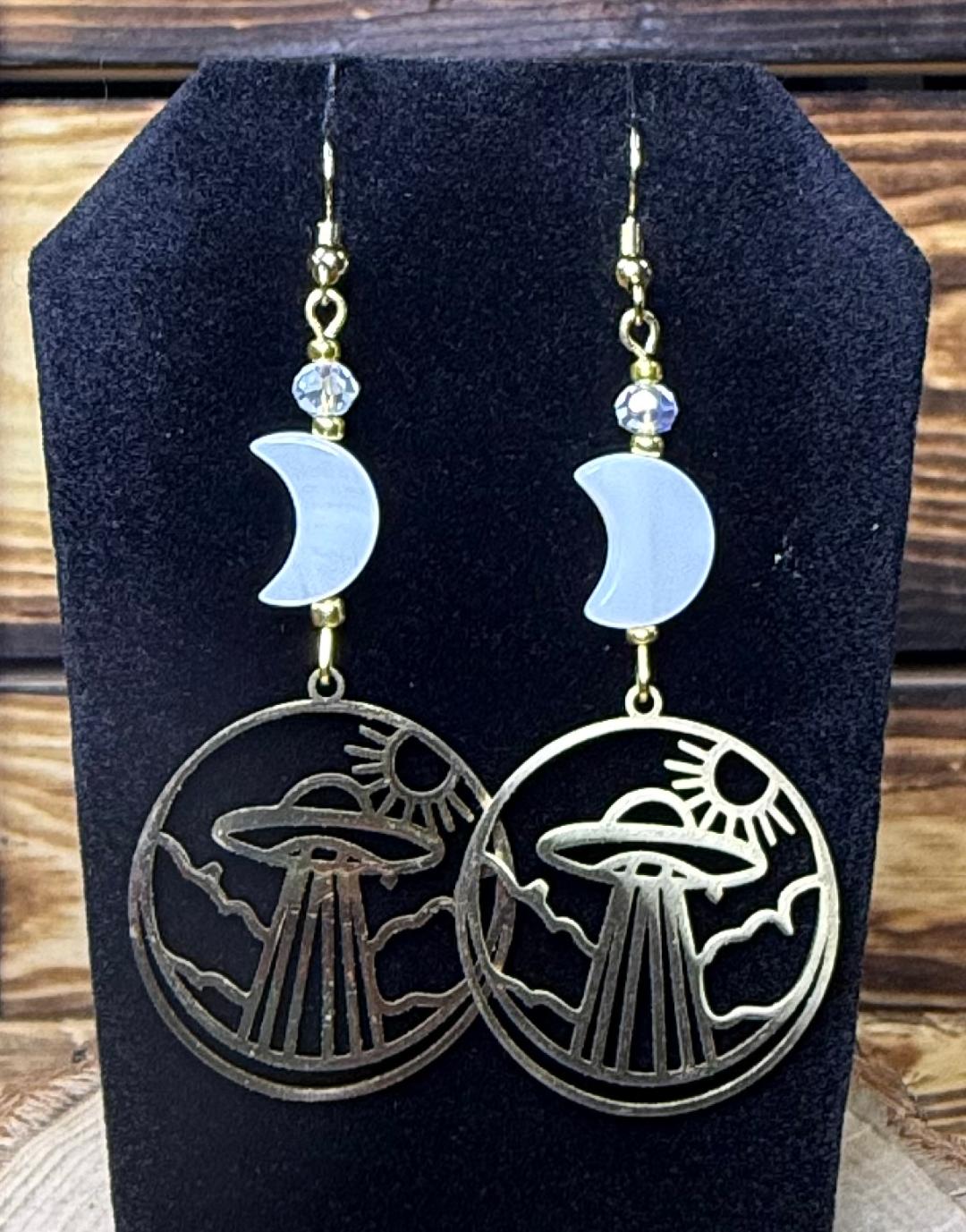 NEW Gold Stainless Steel Spaceship Charm Earrings w/ White Shell Moons