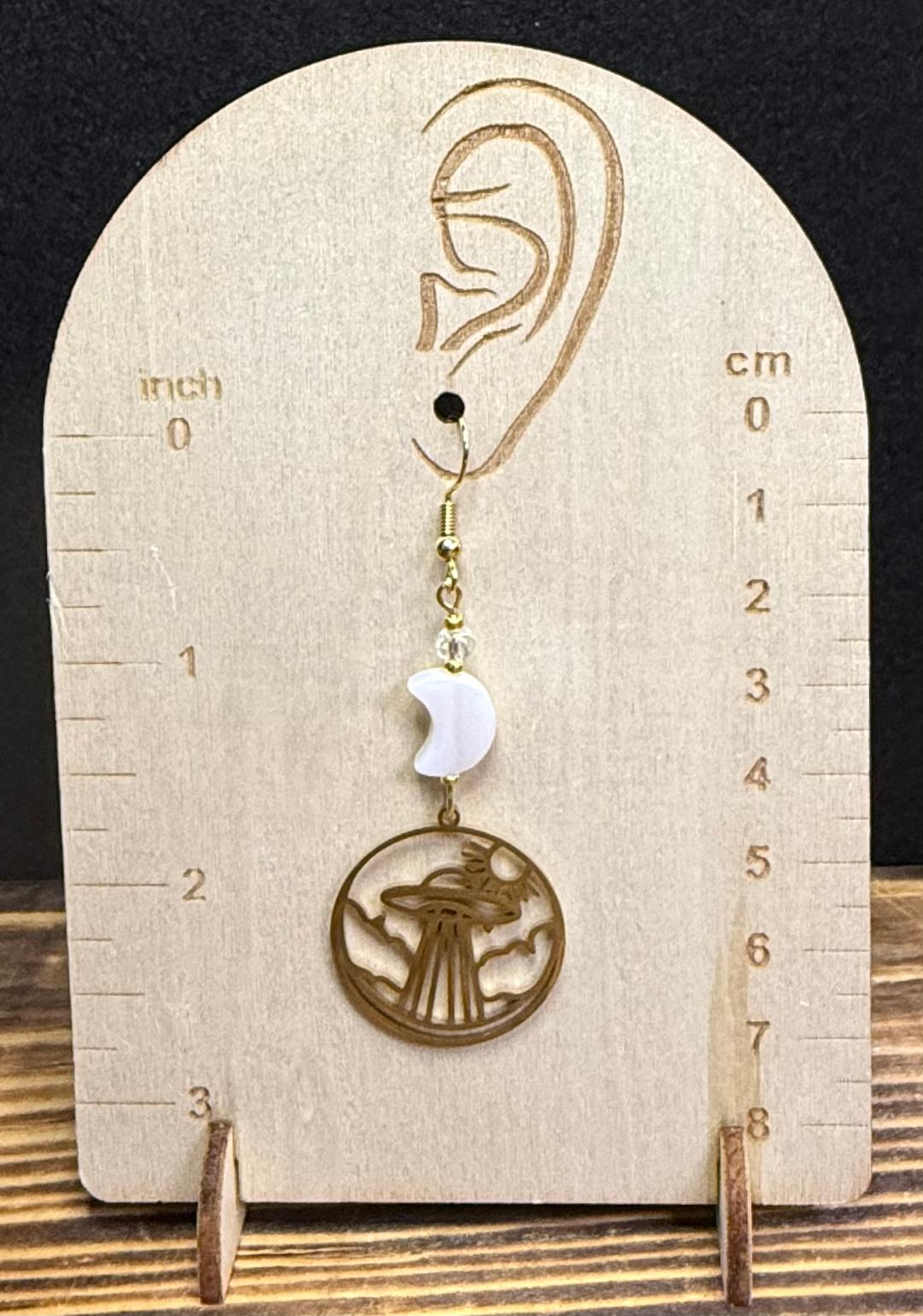 NEW Gold Stainless Steel Spaceship Charm Earrings w/ White Shell Moons