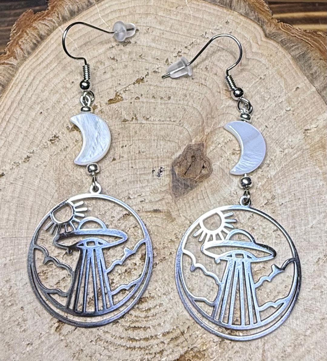 NEW Silver Stainless Steel Spaceship Charm Earrings w/ White Shell Moons