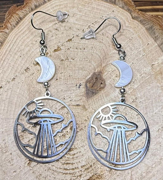 NEW Silver Stainless Steel Spaceship Charm Earrings w/ White Shell Moons