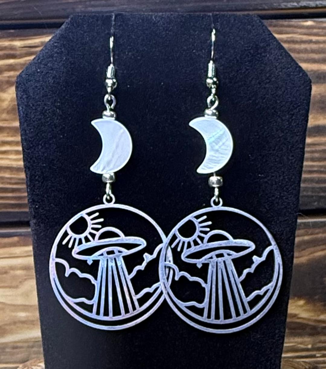 NEW Silver Stainless Steel Spaceship Charm Earrings w/ White Shell Moons