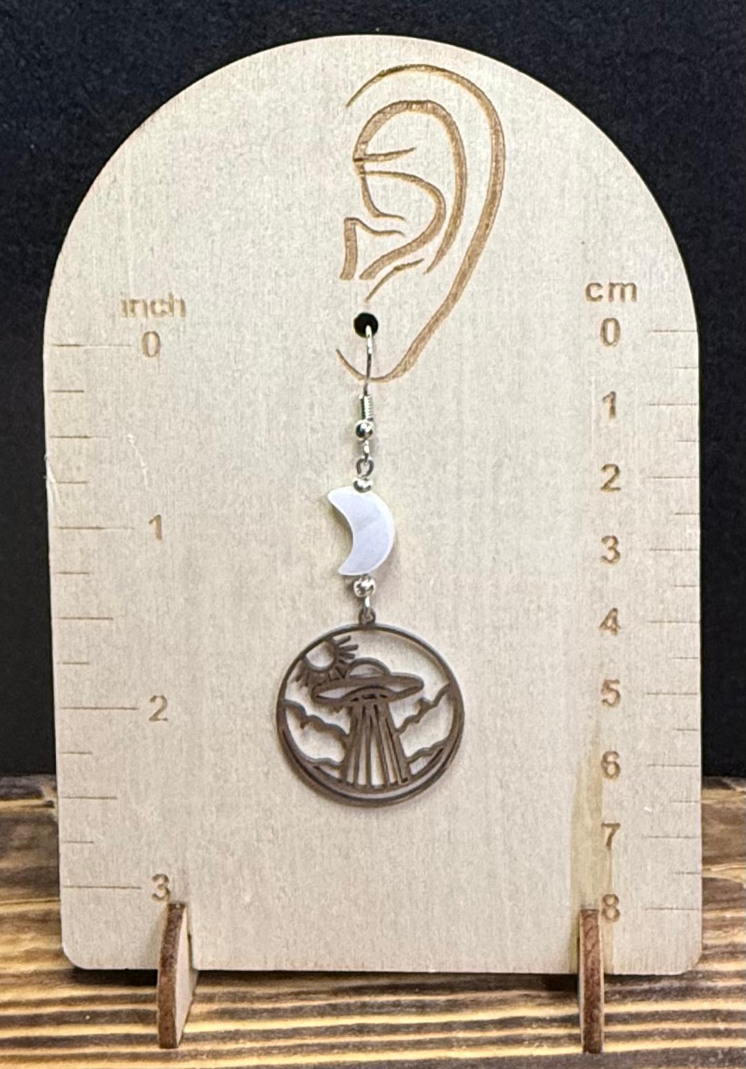 NEW Silver Stainless Steel Spaceship Charm Earrings w/ White Shell Moons