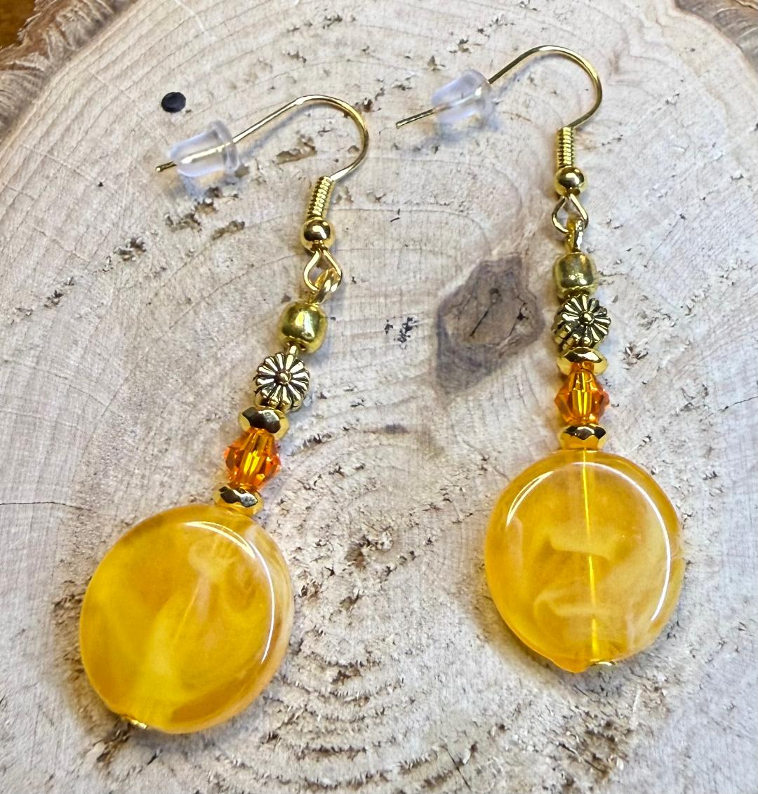 NEW Round Yellow Marbled  Charm w/ Flower & Glass Beaded Earrings