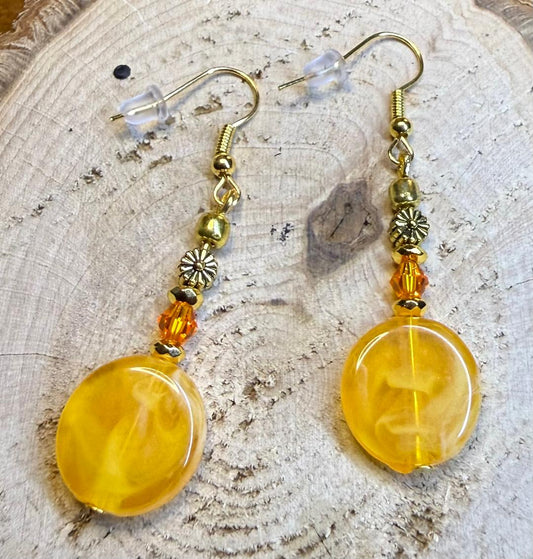 NEW Round Yellow Marbled  Charm w/ Flower & Glass Beaded Earrings