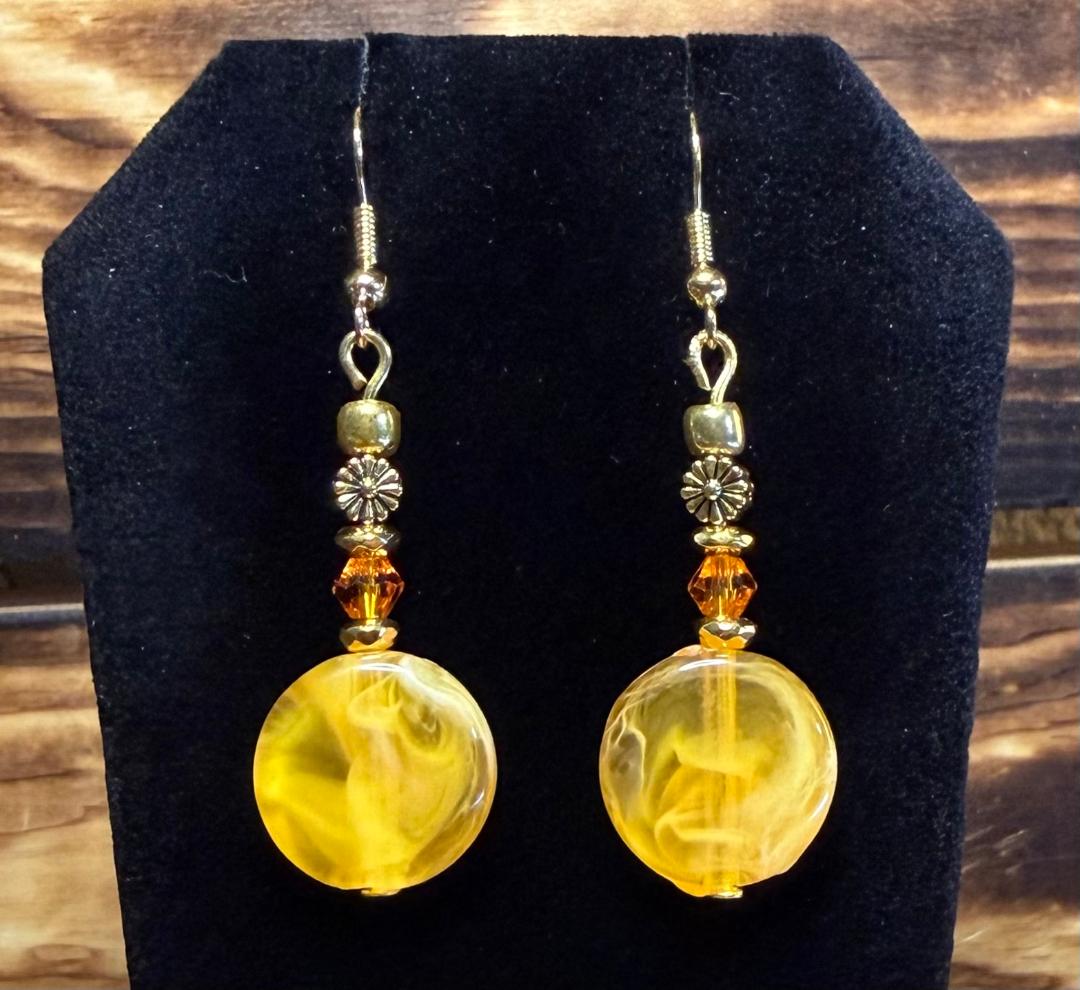 NEW Round Yellow Marbled  Charm w/ Flower & Glass Beaded Earrings