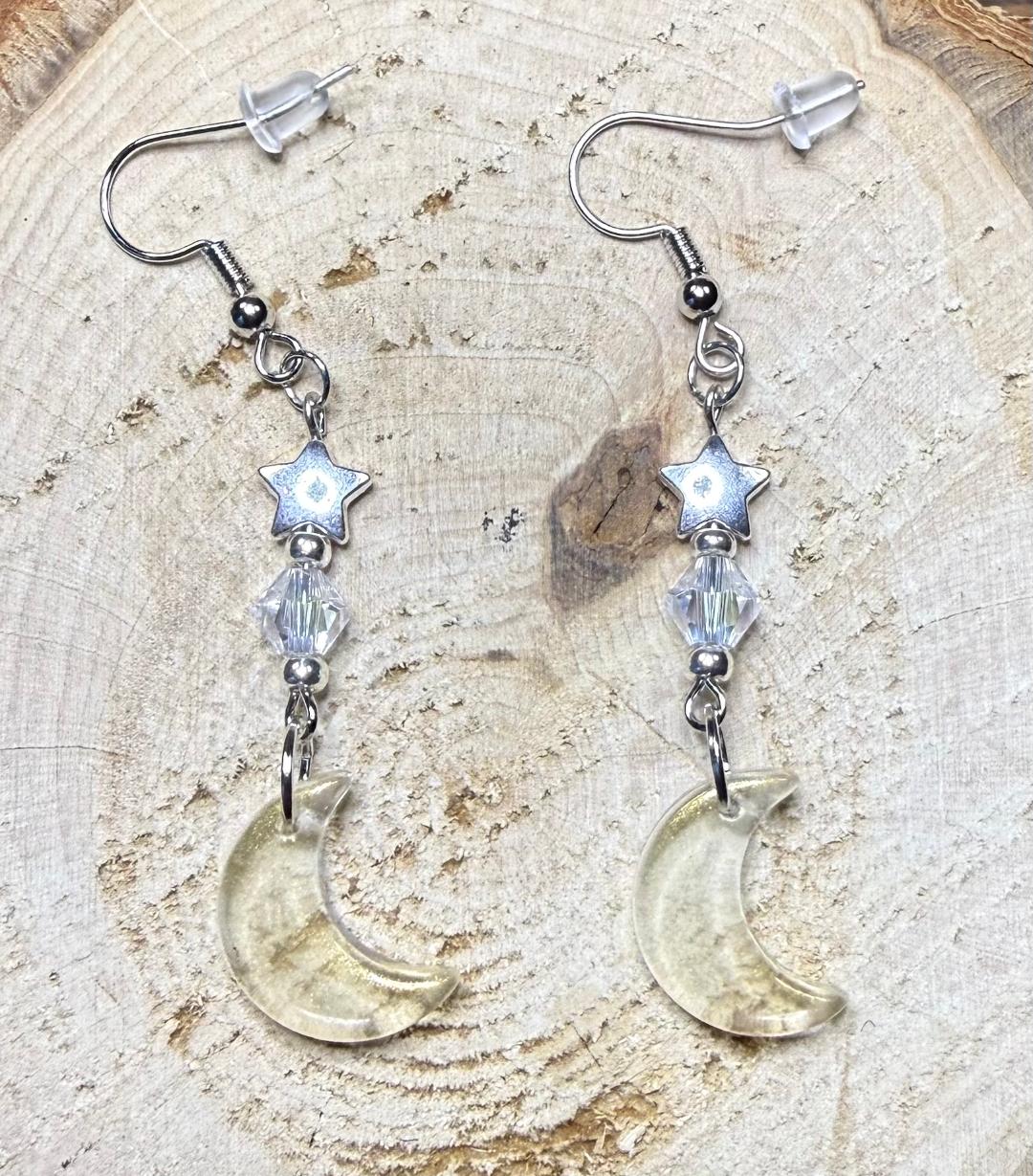 NEW Crescent Moon Earrings w/ Stars & Glass Beads
