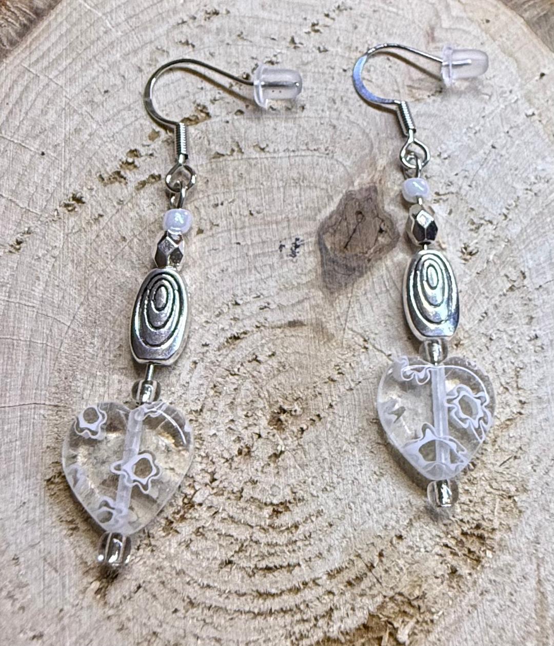 NEW Glass Heart Earrings w/ Silver Swirl Beads