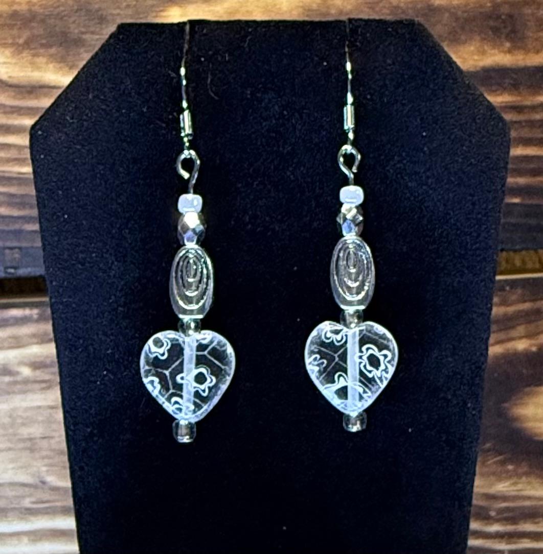 NEW Glass Heart Earrings w/ Silver Swirl Beads