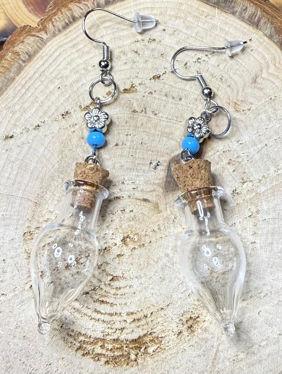 NEW Clear Glass Bottle Earrings w/ Flower & Blue Beads