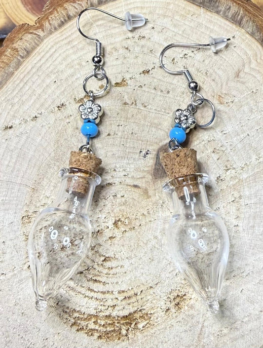 NEW Clear Glass Bottle Earrings w/ Flower & Blue Beads