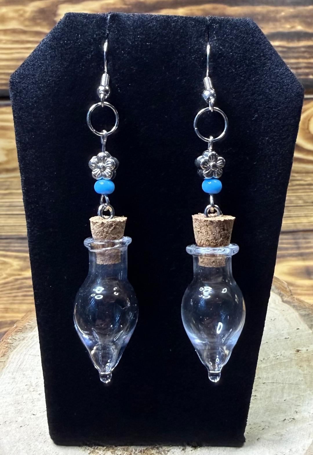 NEW Clear Glass Bottle Earrings w/ Flower & Blue Beads