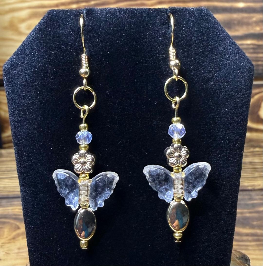 NEW Clear Butterfly Earrings w/ Flower Beads