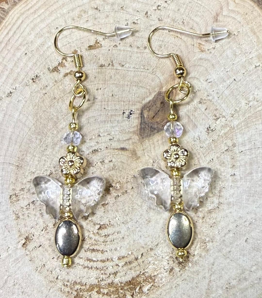 NEW Clear Butterfly Earrings w/ Flower Beads