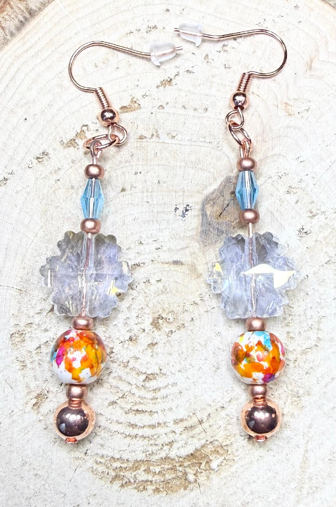 NEW Clear Glass Flower Charm Earrings w/ Splatter Beads