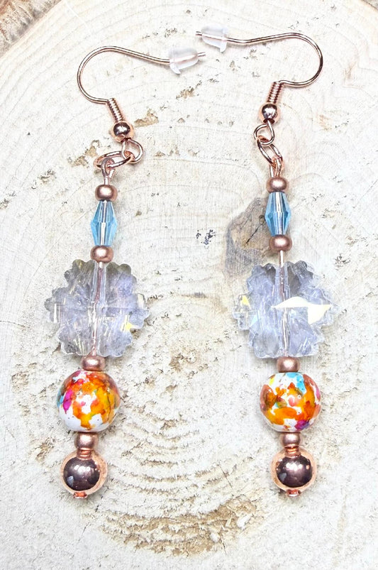 NEW Clear Glass Flower Charm Earrings w/ Splatter Beads
