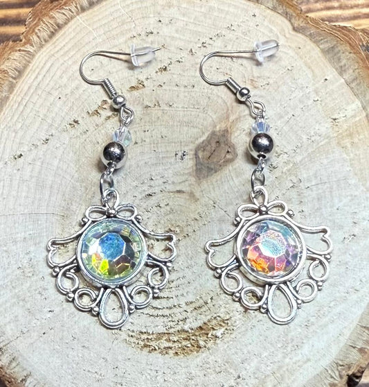 NEW Faux Clear Gem Center & Beaded Earrings in Filigree Setting