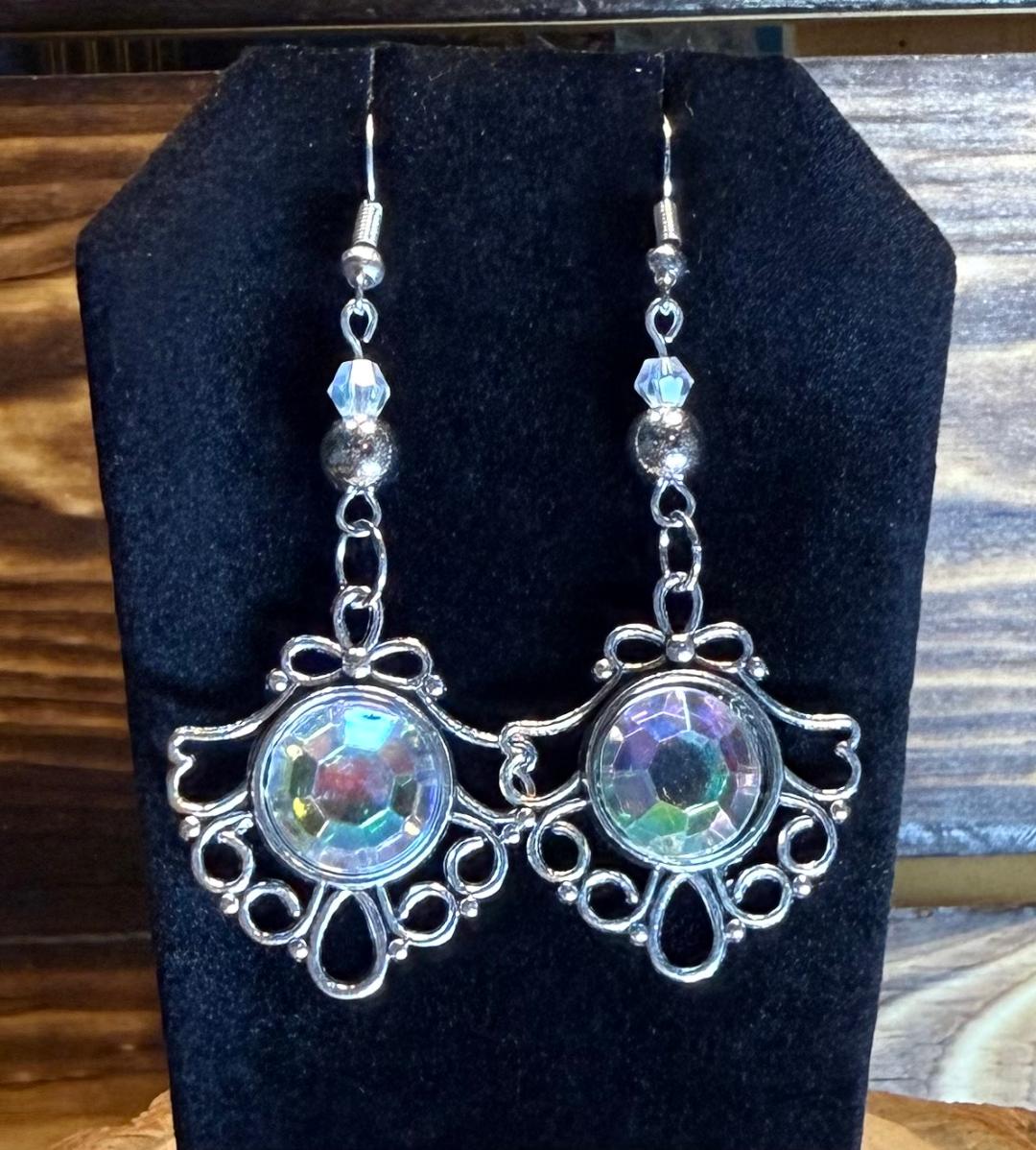 NEW Faux Clear Gem Center & Beaded Earrings in Filigree Setting