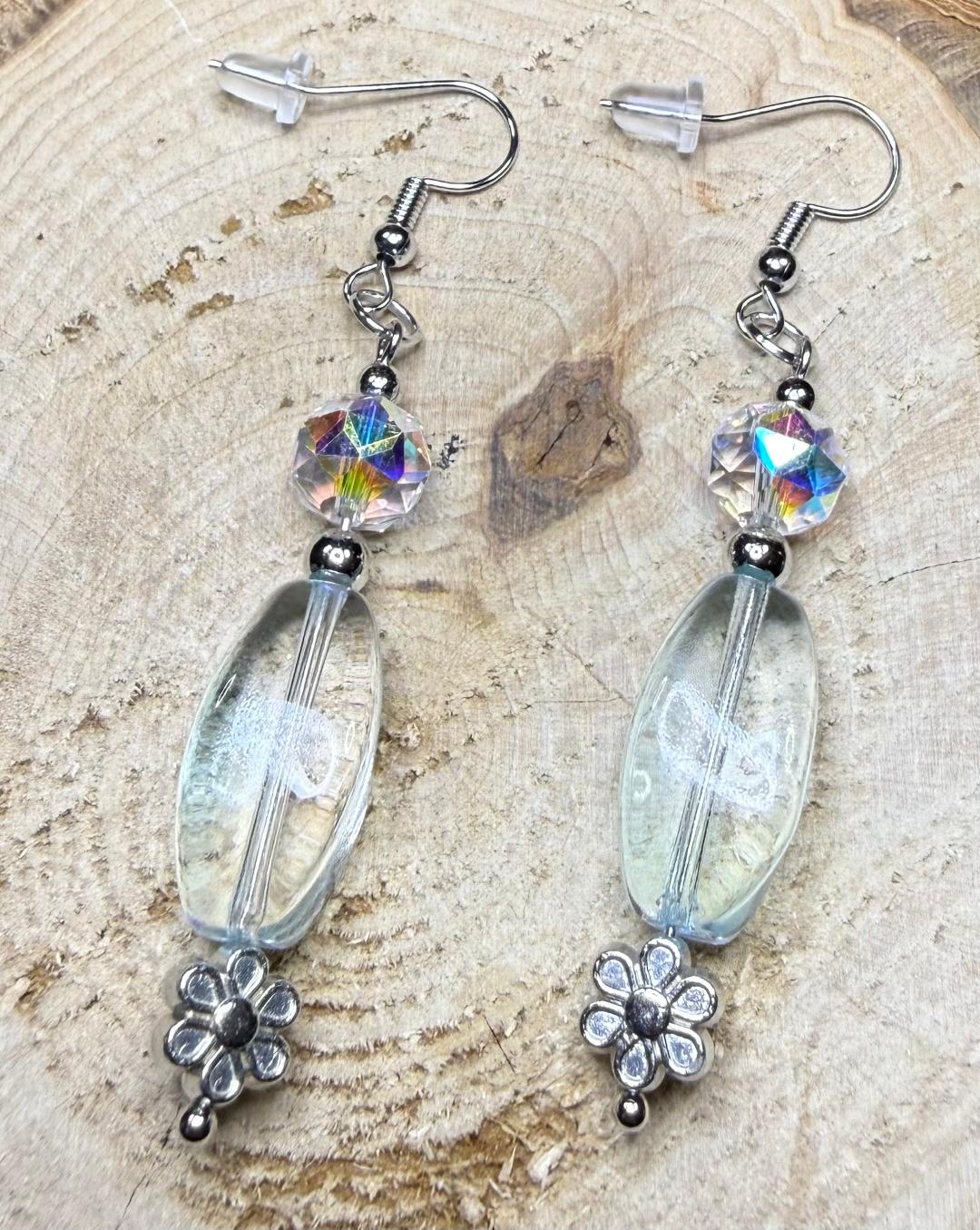 NEW Clear Glass Oval Bead Earrings w/ Iridescent Glass Beads
