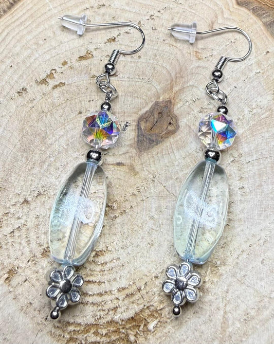 NEW Clear Glass Oval Bead Earrings w/ Iridescent Glass Beads