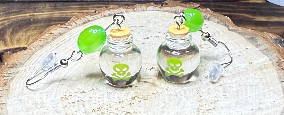 NEW Halloween Clear Poison Bottle Earrings w/ Green Glass Beads
