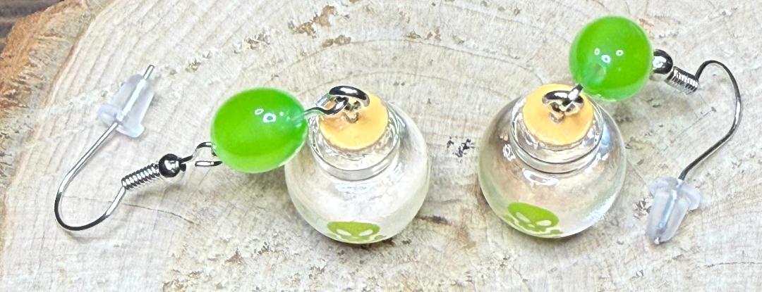 NEW Halloween Clear Poison Bottle Earrings w/ Green Glass Beads