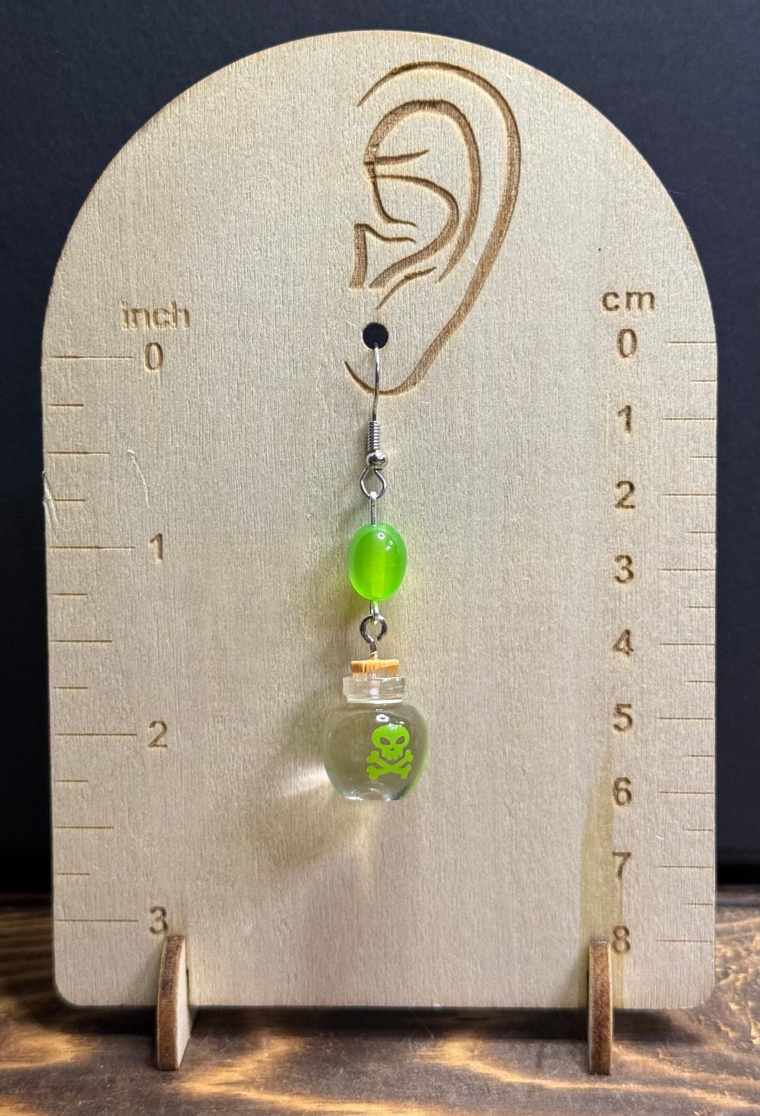 NEW Halloween Clear Poison Bottle Earrings w/ Green Glass Beads
