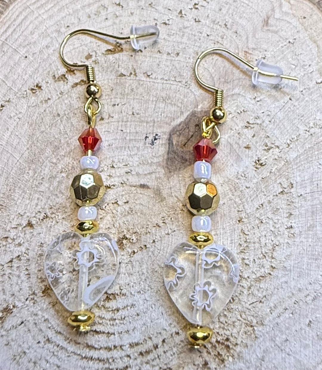 NEW Glass Heart Earrings w/ Red & Gold Faceted Beads
