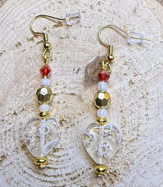 NEW Glass Heart Earrings w/ Red & Gold Faceted Beads