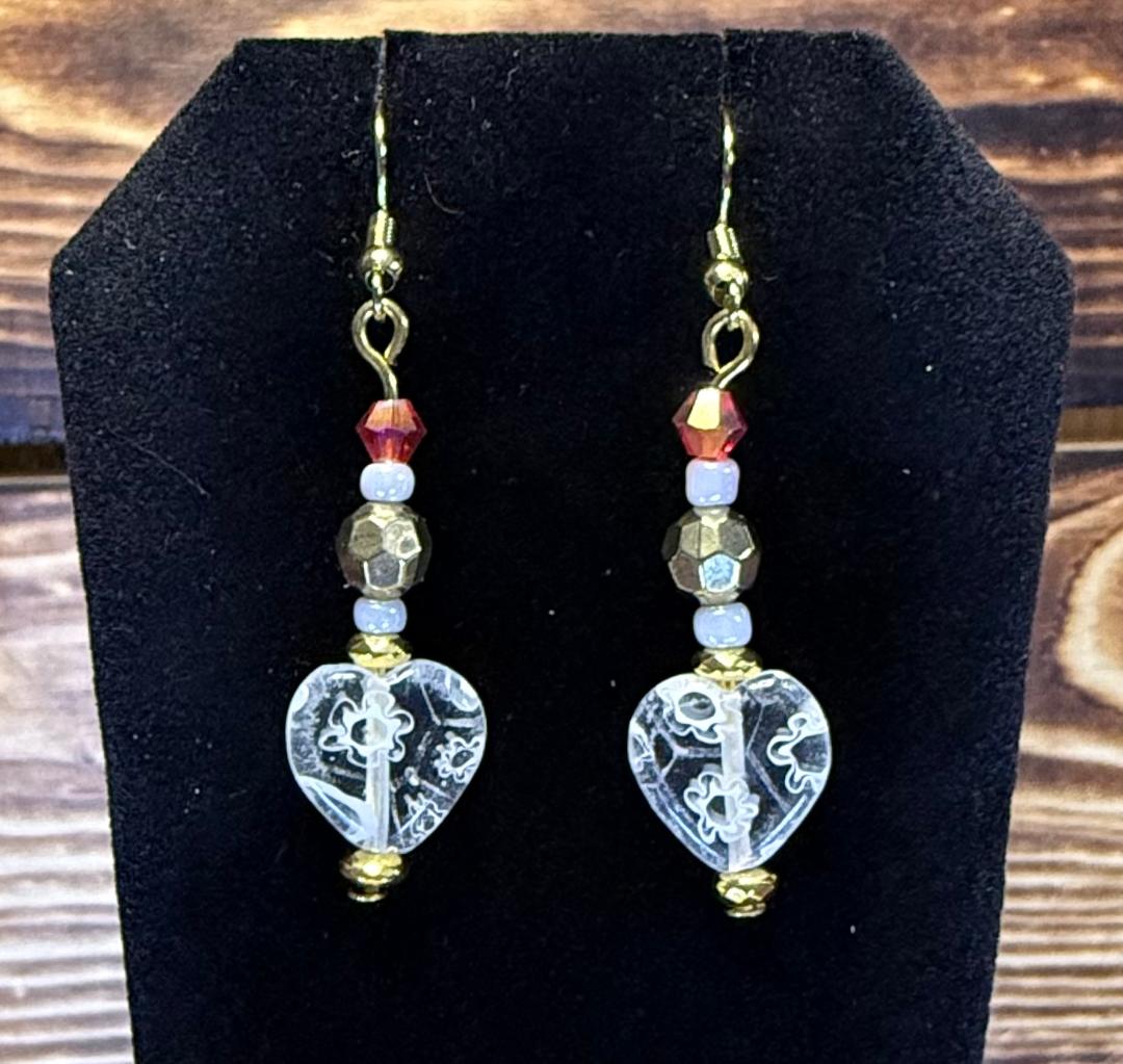 NEW Glass Heart Earrings w/ Red & Gold Faceted Beads