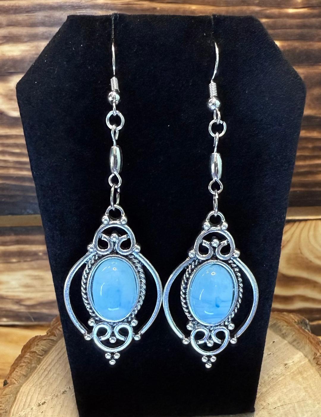 NEW Oval Cloudy Blue Gem Earrings w/ Filigree Setting