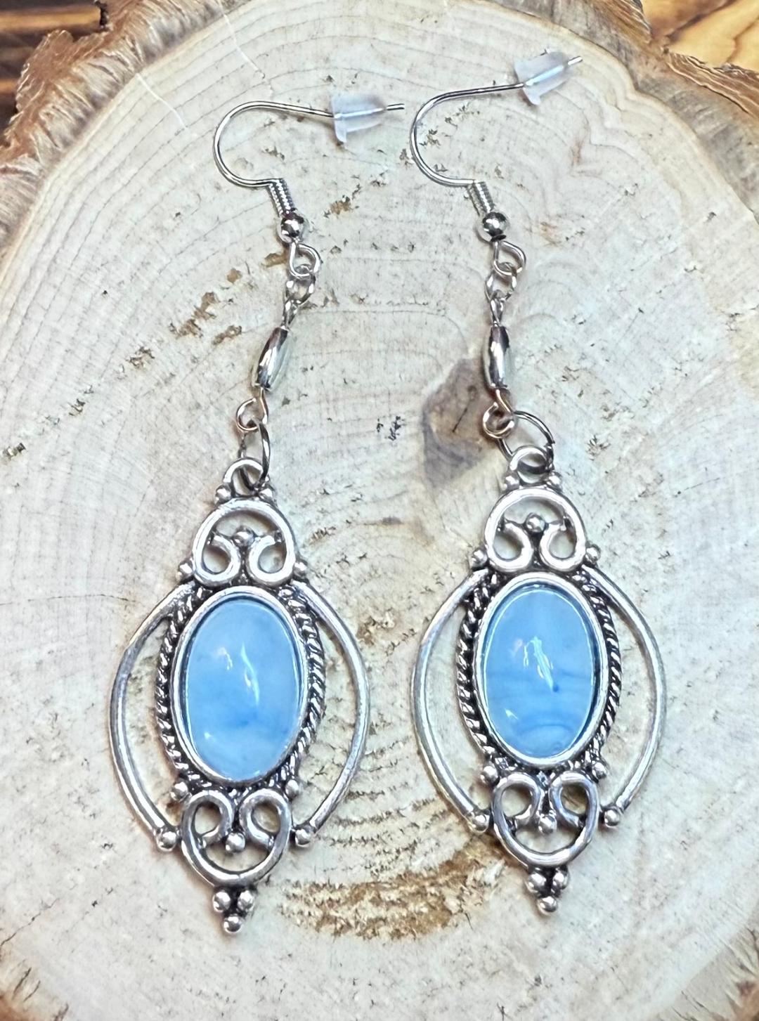 NEW Oval Cloudy Blue Gem Earrings w/ Filigree Setting