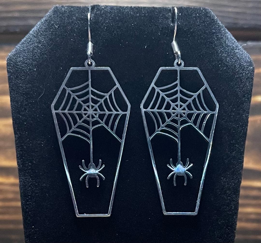 NEW Large Stainless Steel Coffin Spider & Web Earrings