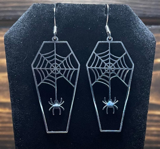 NEW Large Stainless Steel Coffin Spider & Web Earrings
