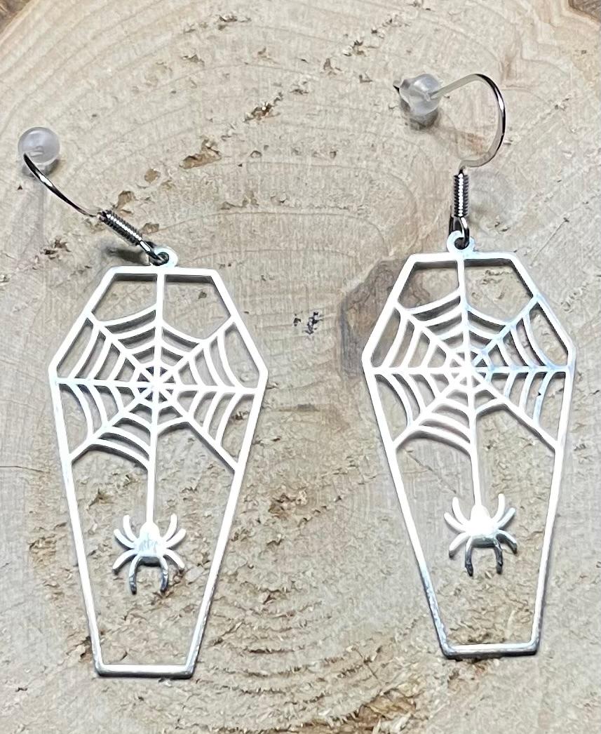 NEW Large Stainless Steel Coffin Spider & Web Earrings