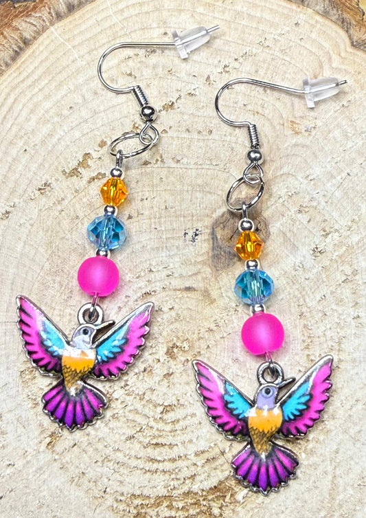 NEW Unique Brightly Colored Boho Hummingbird Enamel Charm Earrings w/ Matching Glass Beads