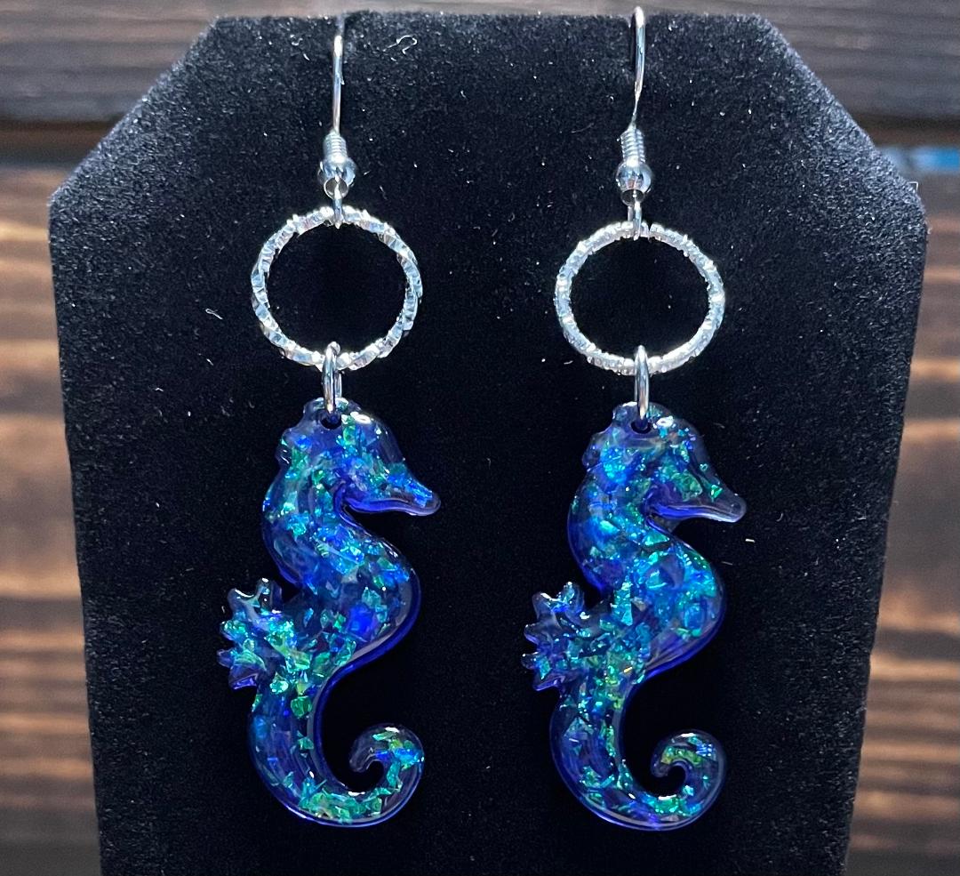 NEW Blue Confetti Acrylic Seahorse Earrings