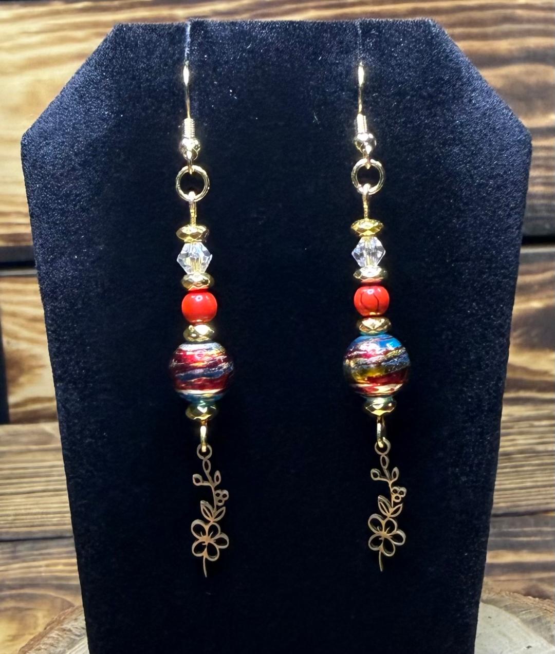 NEW Tiny Gold Flower Vine Earrings w/ Plated Glass Confetti Beads