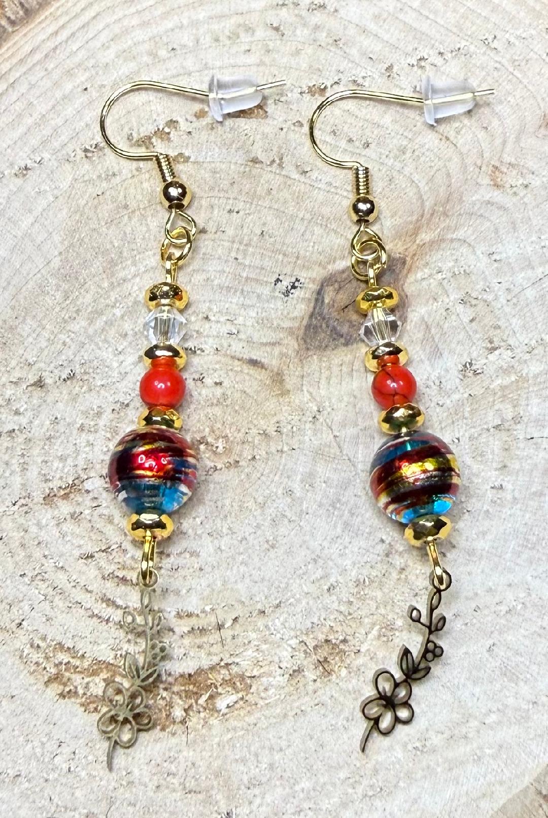 NEW Tiny Gold Flower Vine Earrings w/ Plated Glass Confetti Beads