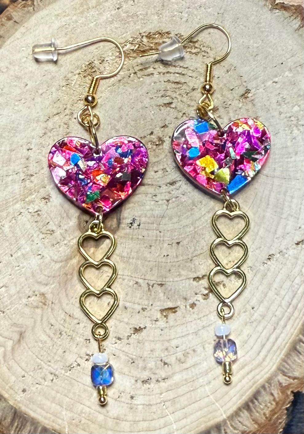 NEW Double Sided Acrylic Confetti Heart w/ Triple Heart Charm Earrings