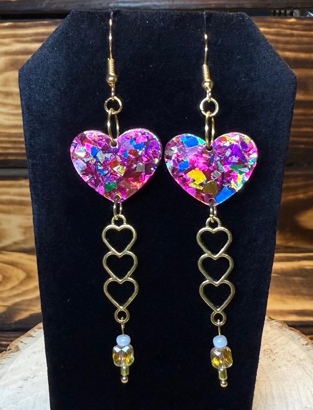 NEW Double Sided Acrylic Confetti Heart w/ Triple Heart Charm Earrings