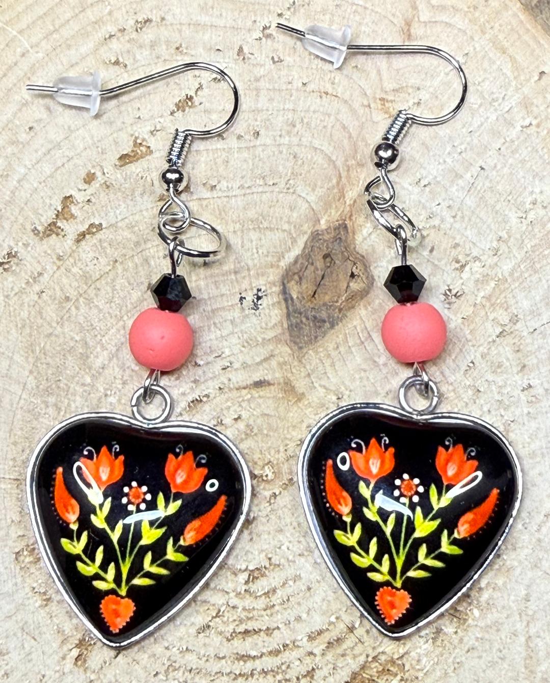 NEW Folk Art Glass Front Tulip Bouquet Earrings w/ Glass Beads
